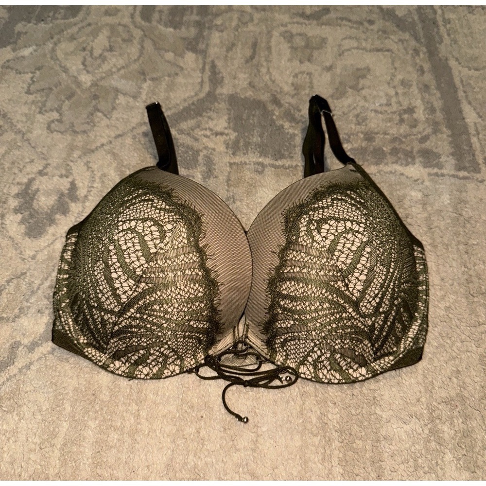 New Victoria's Secret Very Sexy‎ Push Up Bra Olive Green Lace Up Jewel Bra 32DD